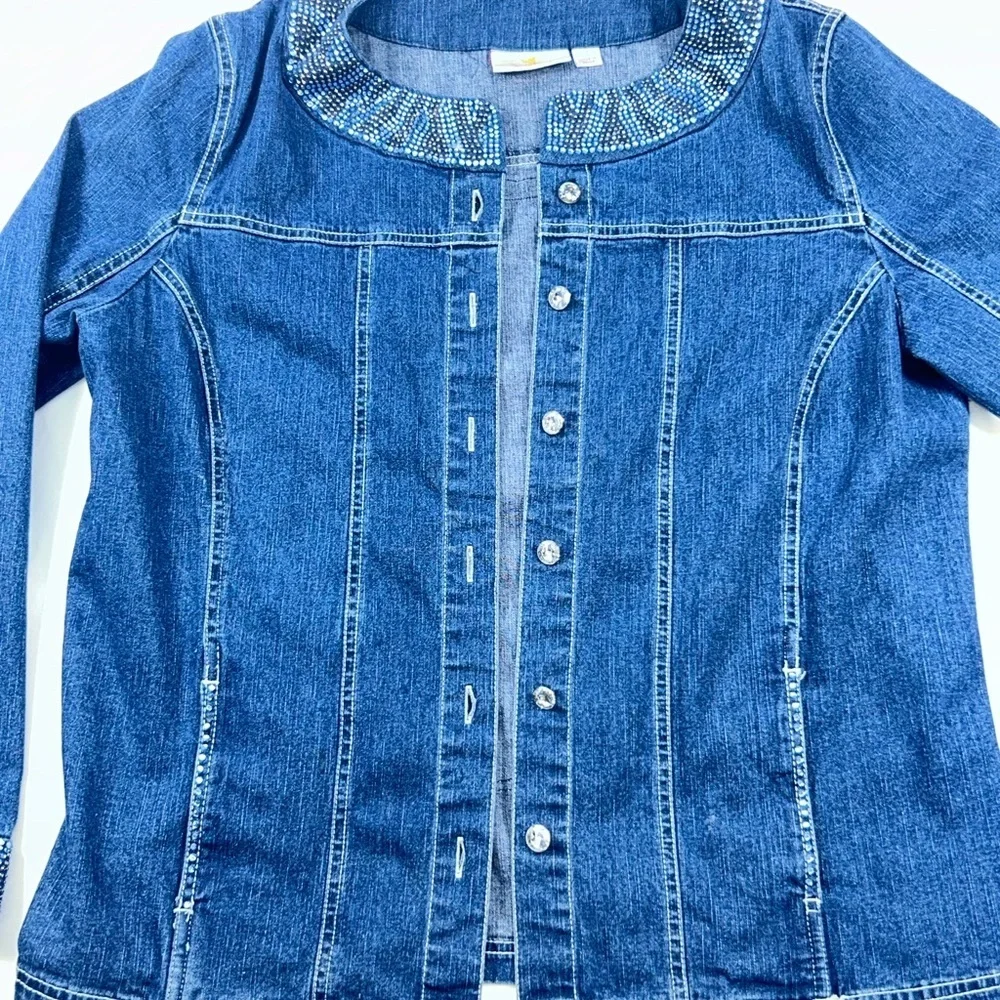 Quacker Factory Custom Denim Jacket No Bad Vibes Peace Rhinestone boho Sz M